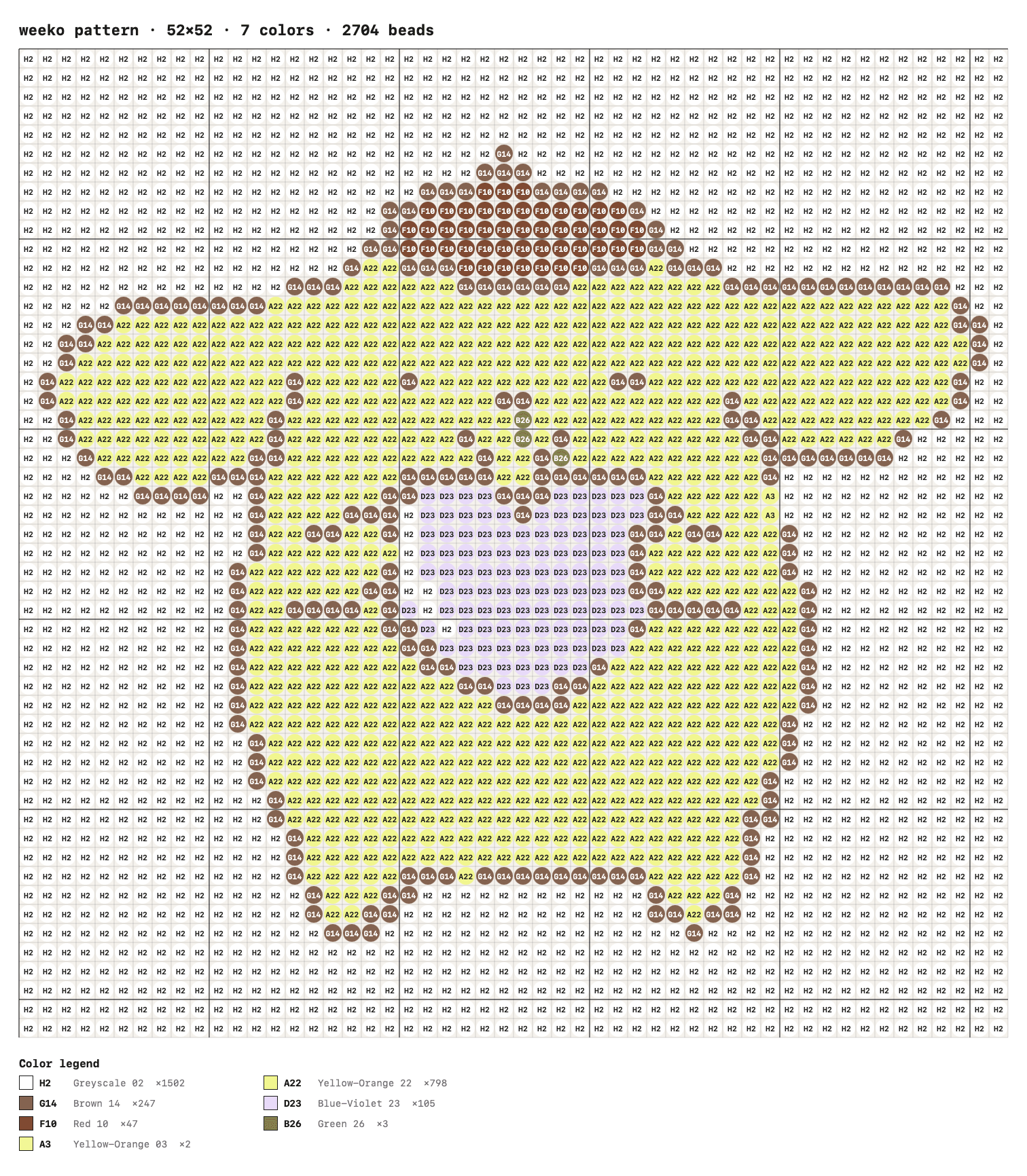 Pompompurin bead pattern chart with color legend