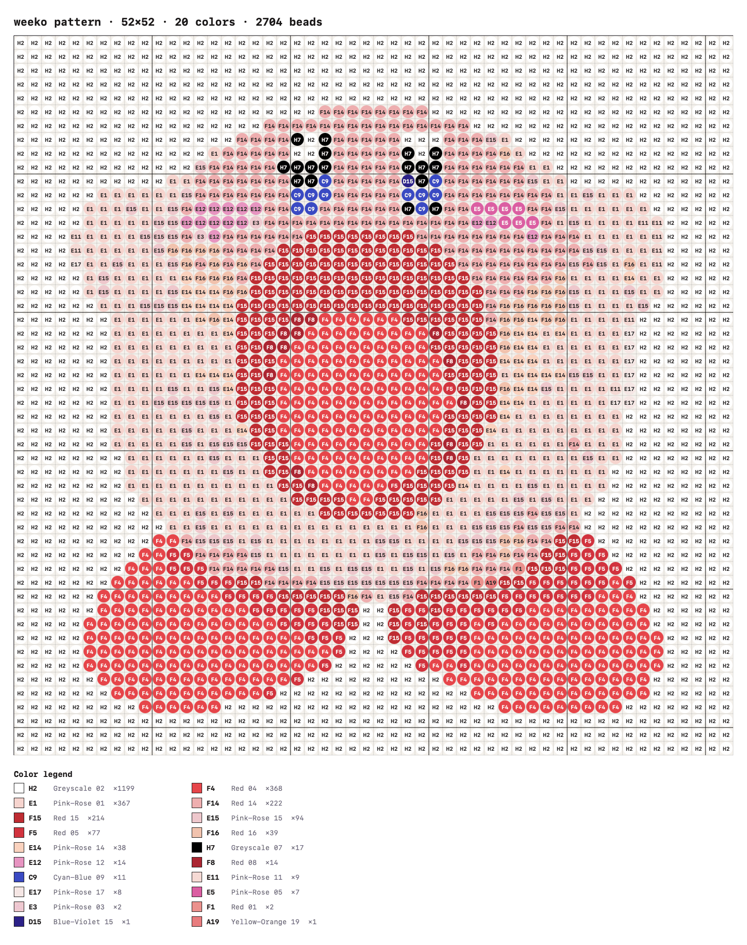 Kirby bead pattern chart with color legend
